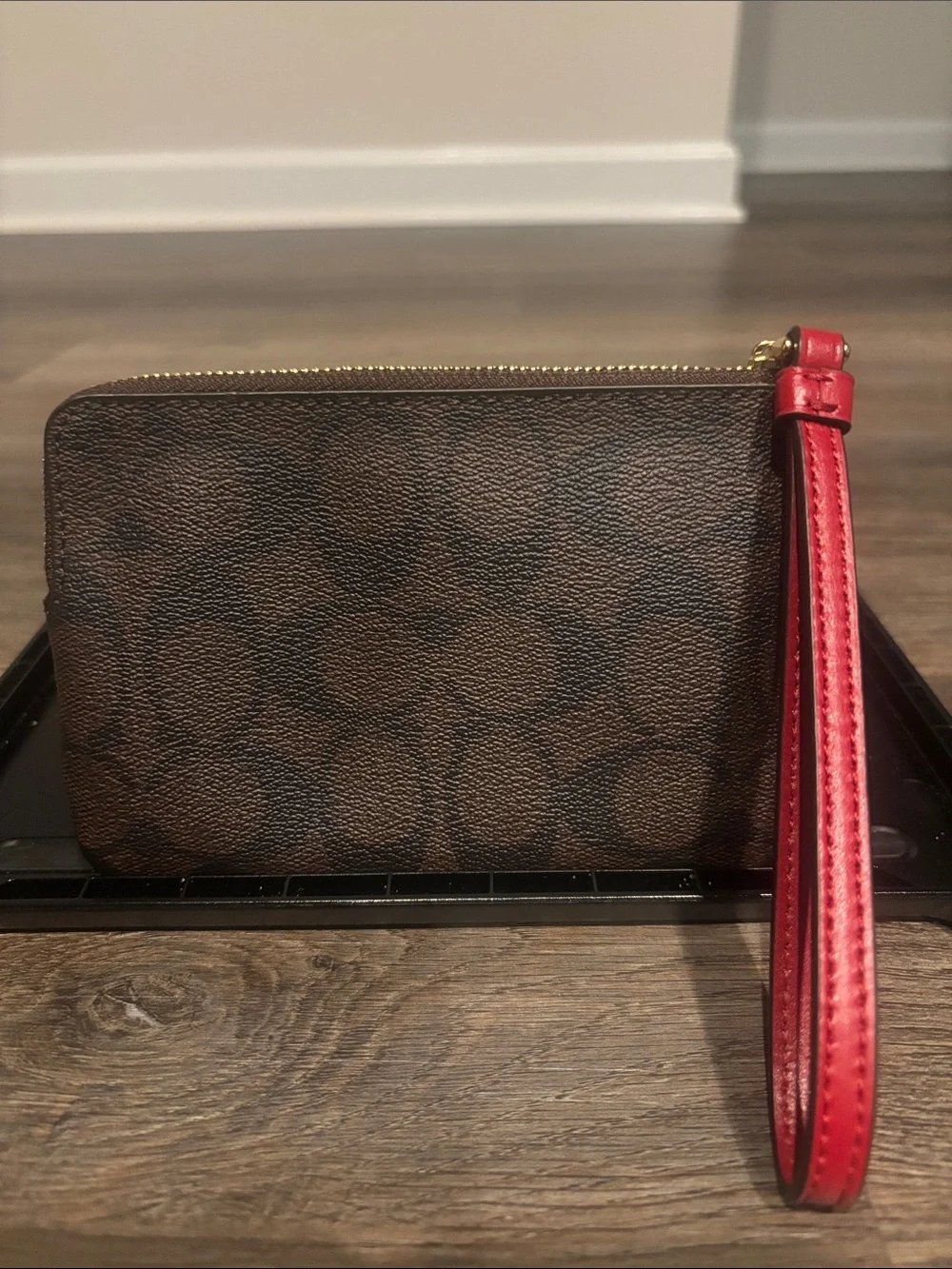Coach Brown Signature Wristlet with Red Center Stripe